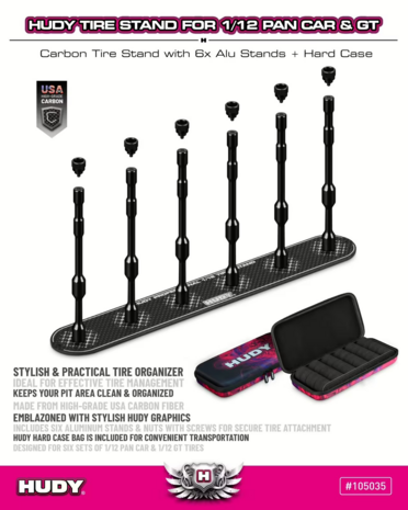 Hudy Carbon Tire Stand 6x + Hard Case - 1/12 Pan Car & 1/12 Gt - 105035