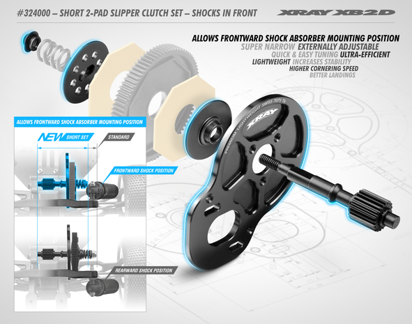 XRAY SHORT 2-PAD SLIPPER CLUTCH SET - SHOCKS IN FRONT - 324000