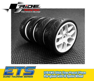 Ride 1/10 Slick Tires Precut 24mm Pre-glued with 10 Spoke Wheel White, 4pcs - 26072