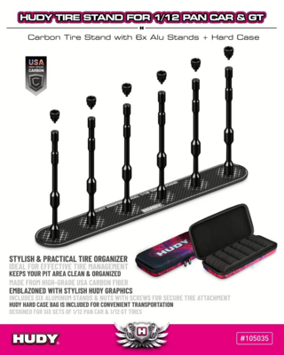 Hudy Carbon Tire Stand 6x + Hard Case - 1/12 Pan Car & 1/12 Gt - 105035